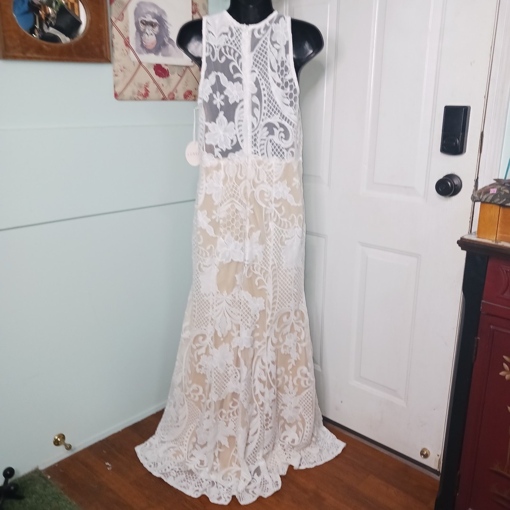 LUXXEL Wedding Bridal Dress Ivory White/Lace Nude lined Boho Maxi Long Gown NWT - Picture 2 of 13